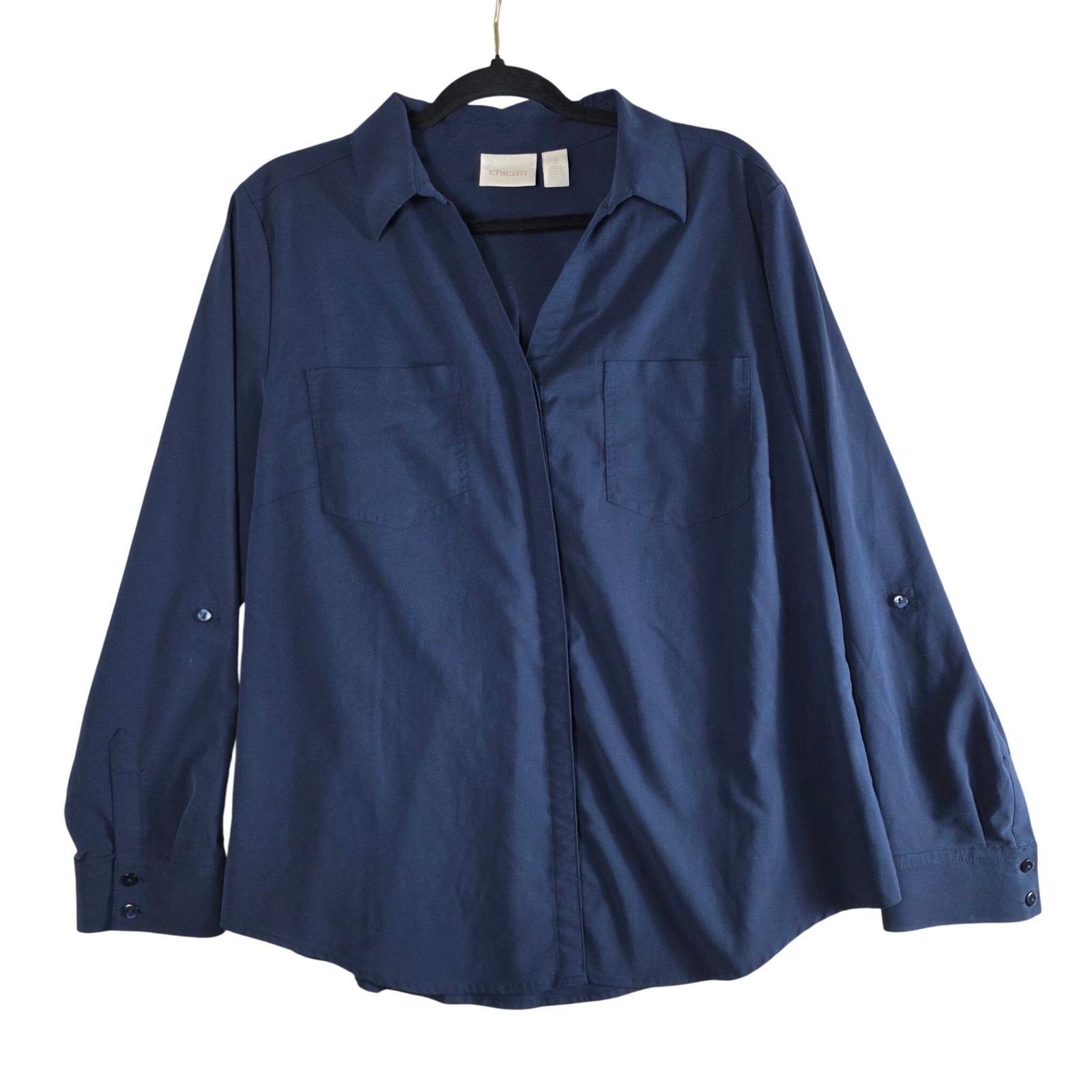 Chico's Button Down Shirt Navy Blue Cotton Blend Sz 2 Large Workwear Classic